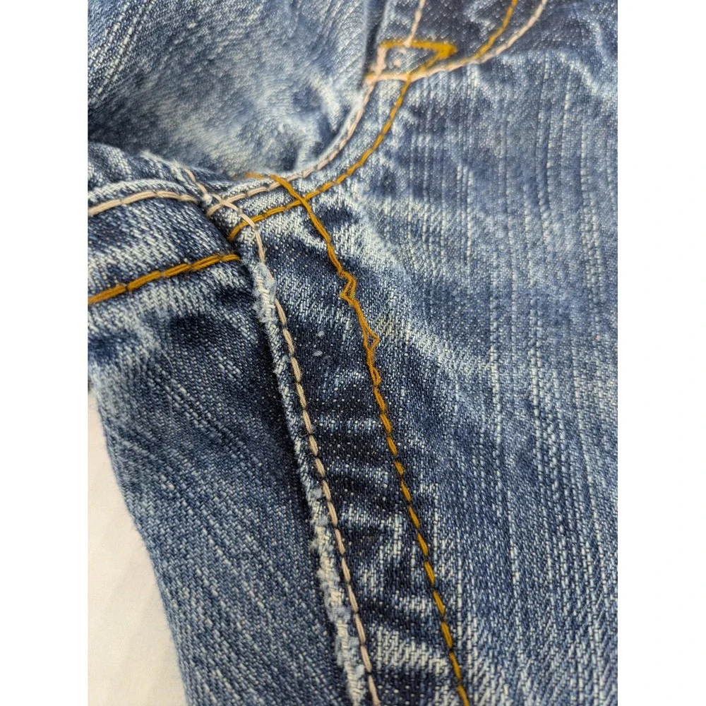 Ariat FR M4 Low Rise Boot Cut Jeans Mens 36x32 Blue Distressed Thrashed Workwear